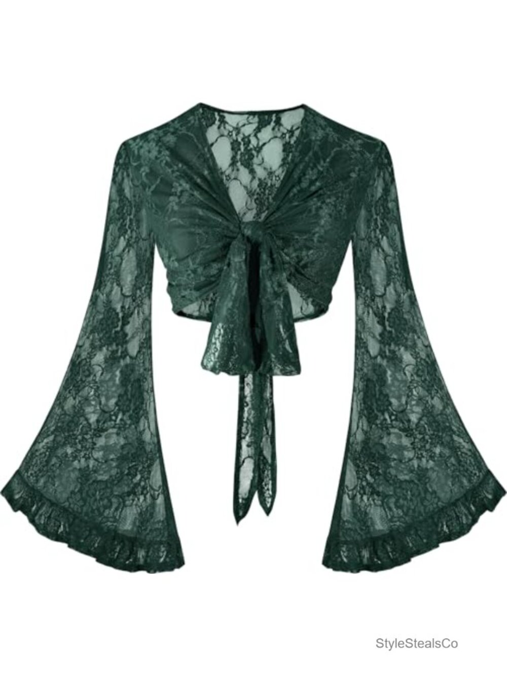 Lace Bell Sleeve Tie Front Crop Top Flowy Boho Wrap Blouse